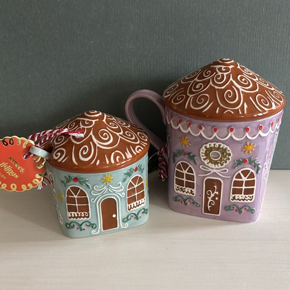 ANTHROPOLOGIE GINGERBREAD STONEWARE MUG AND SUGAR BOWL PURPLE BLUE NEW - Picture 4 of 13